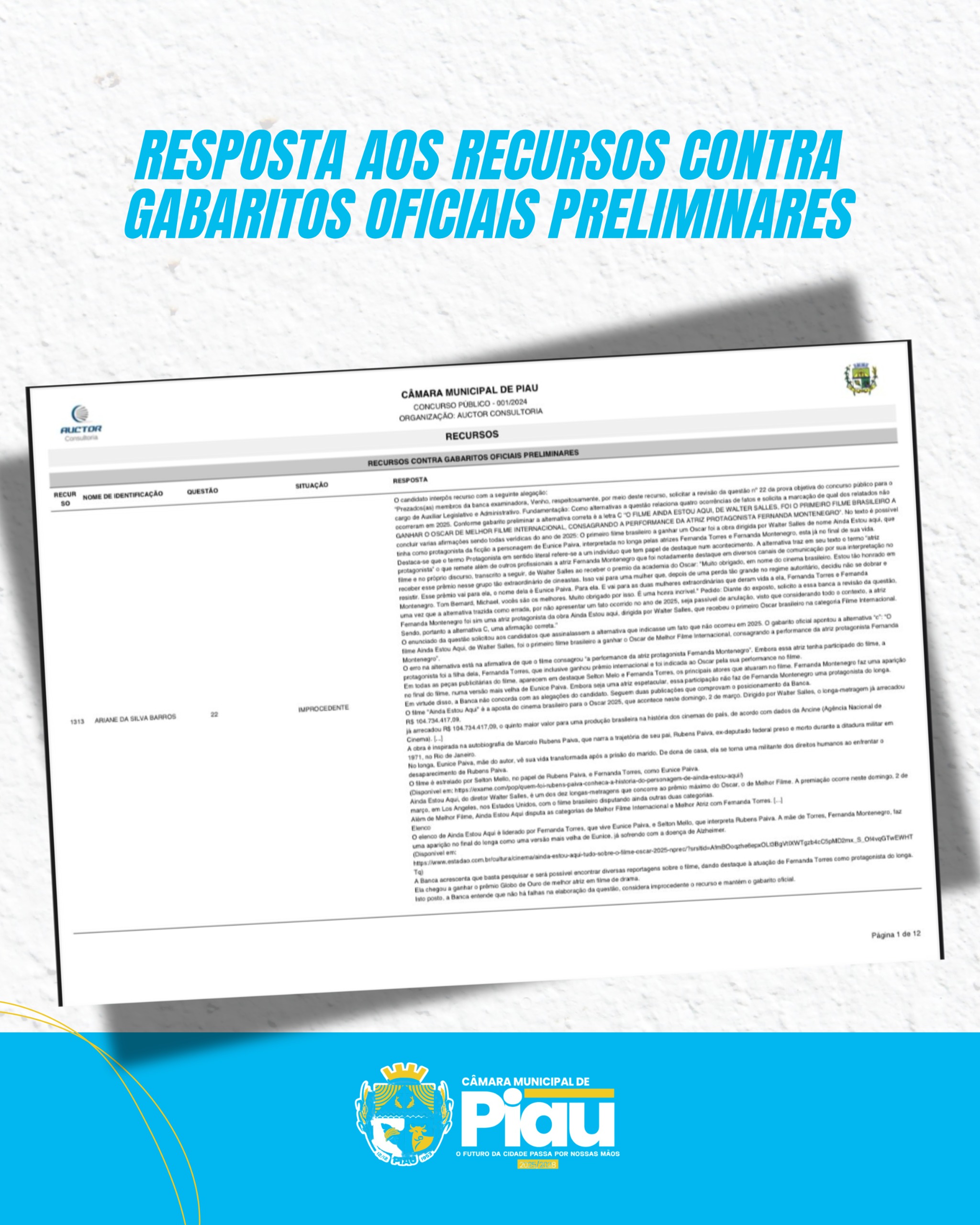 A Câmara Municipal de Piau torna pública a resposta aos recursos contra os gabaritos oficiais preliminares do concurso público.