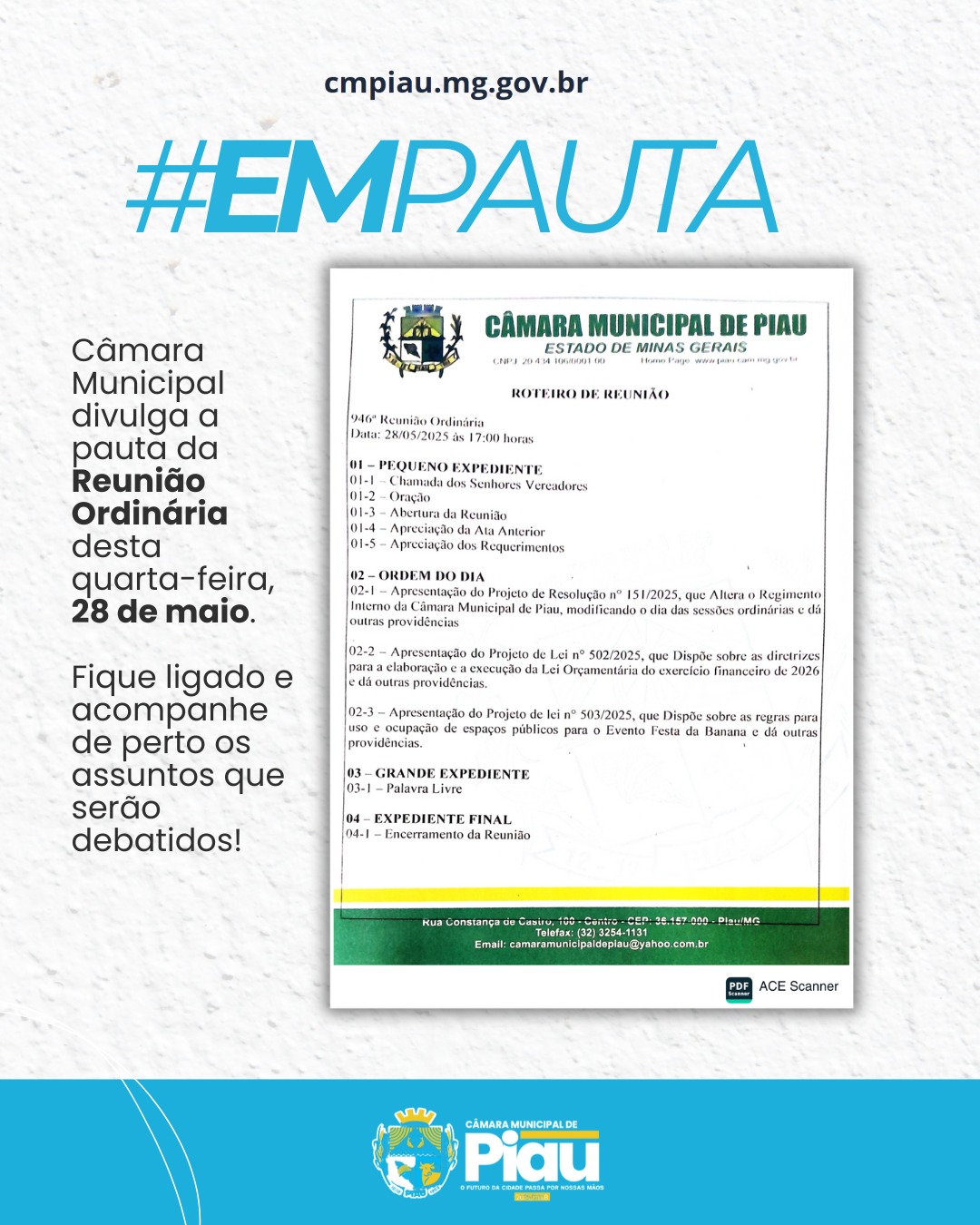 Câmara Municipal divulga a pauta da Reunião Ordinária desta quarta-feira, 28 de maio.