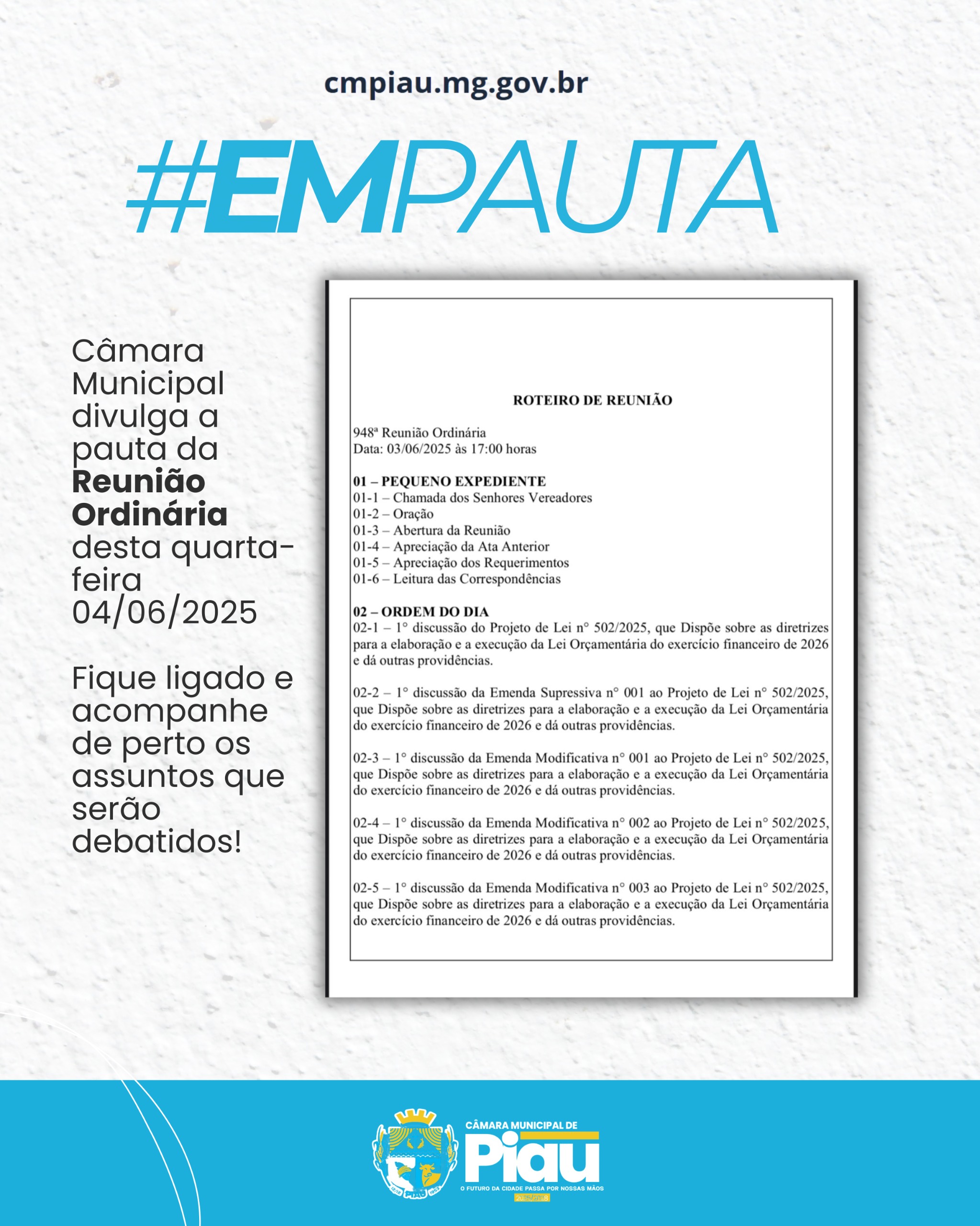 Câmara Municipal divulga a pauta da Reunião Ordinária 