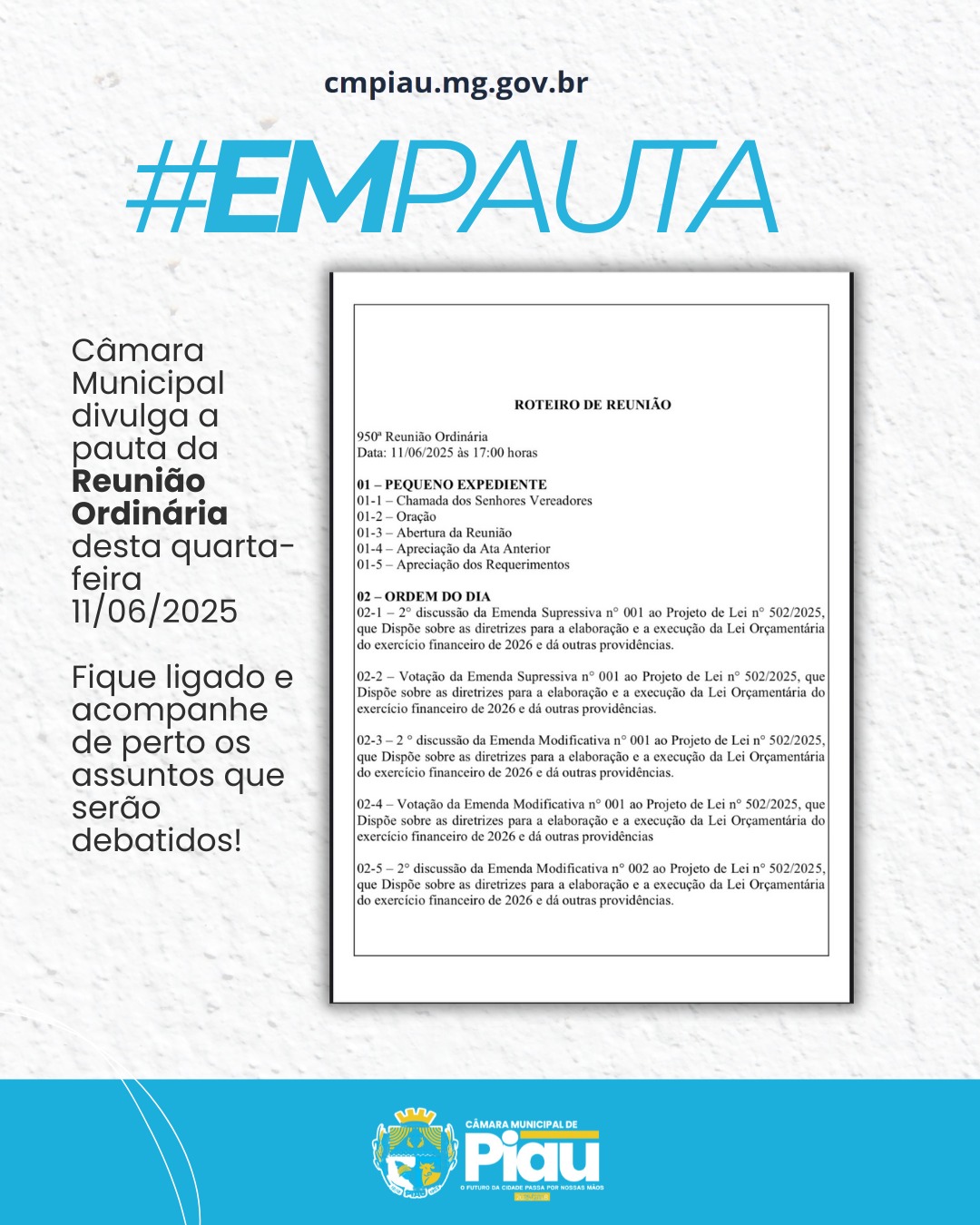Câmara Municipal divulga a pauta da Reunião Ordinária  desta quarta-feira 11/06/2025