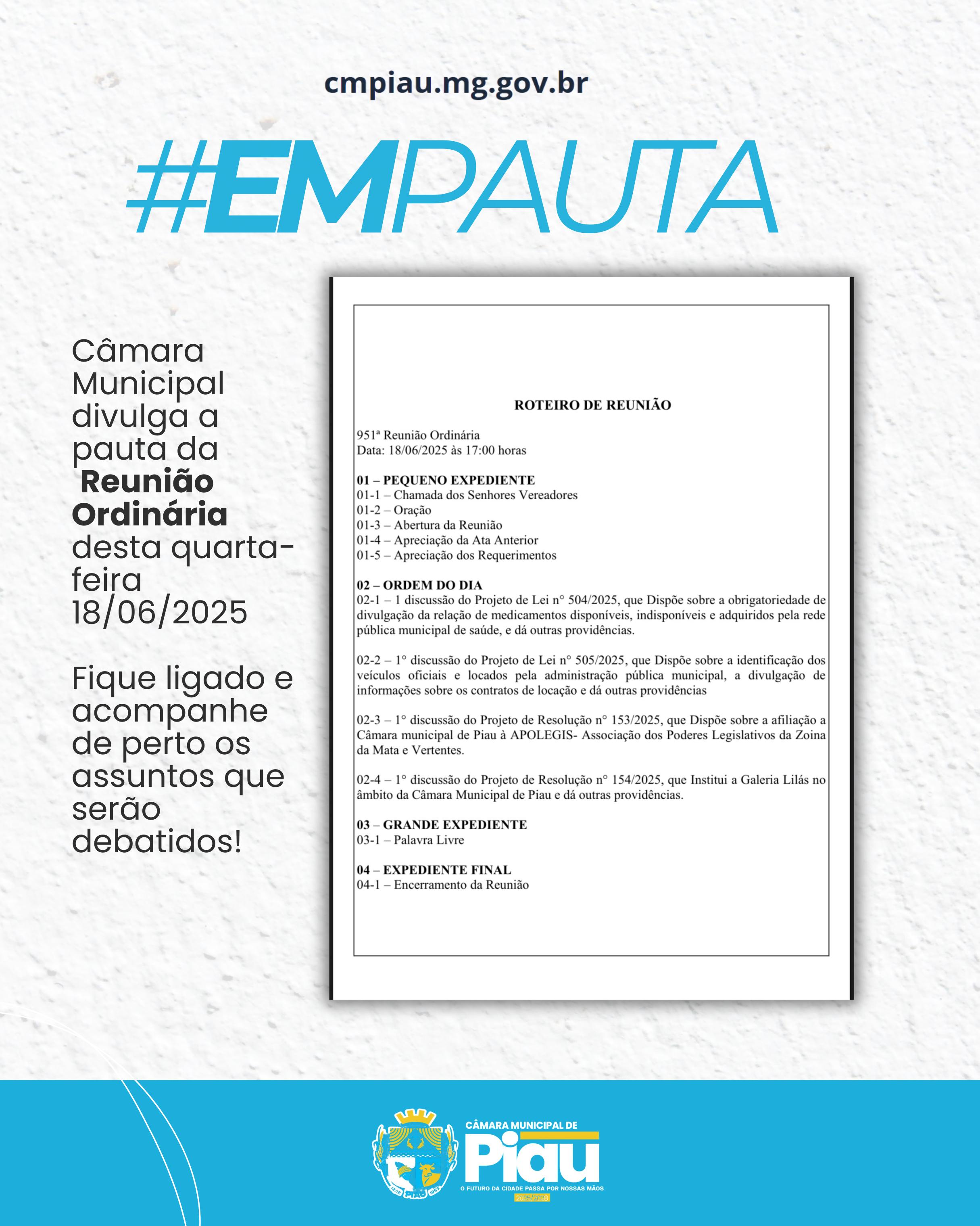 Câmara Municipal divulga a pauta da Reunião Ordinária  desta quarta-feira 18/06/2025
