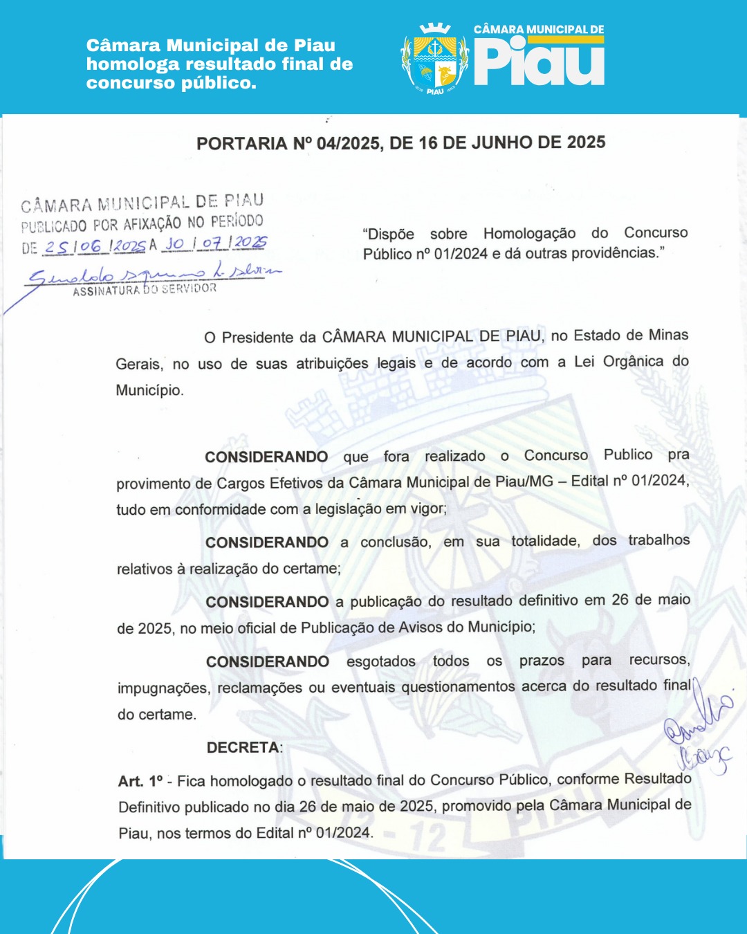 Câmara Municipal de Piau homologa resultado final de concurso público 