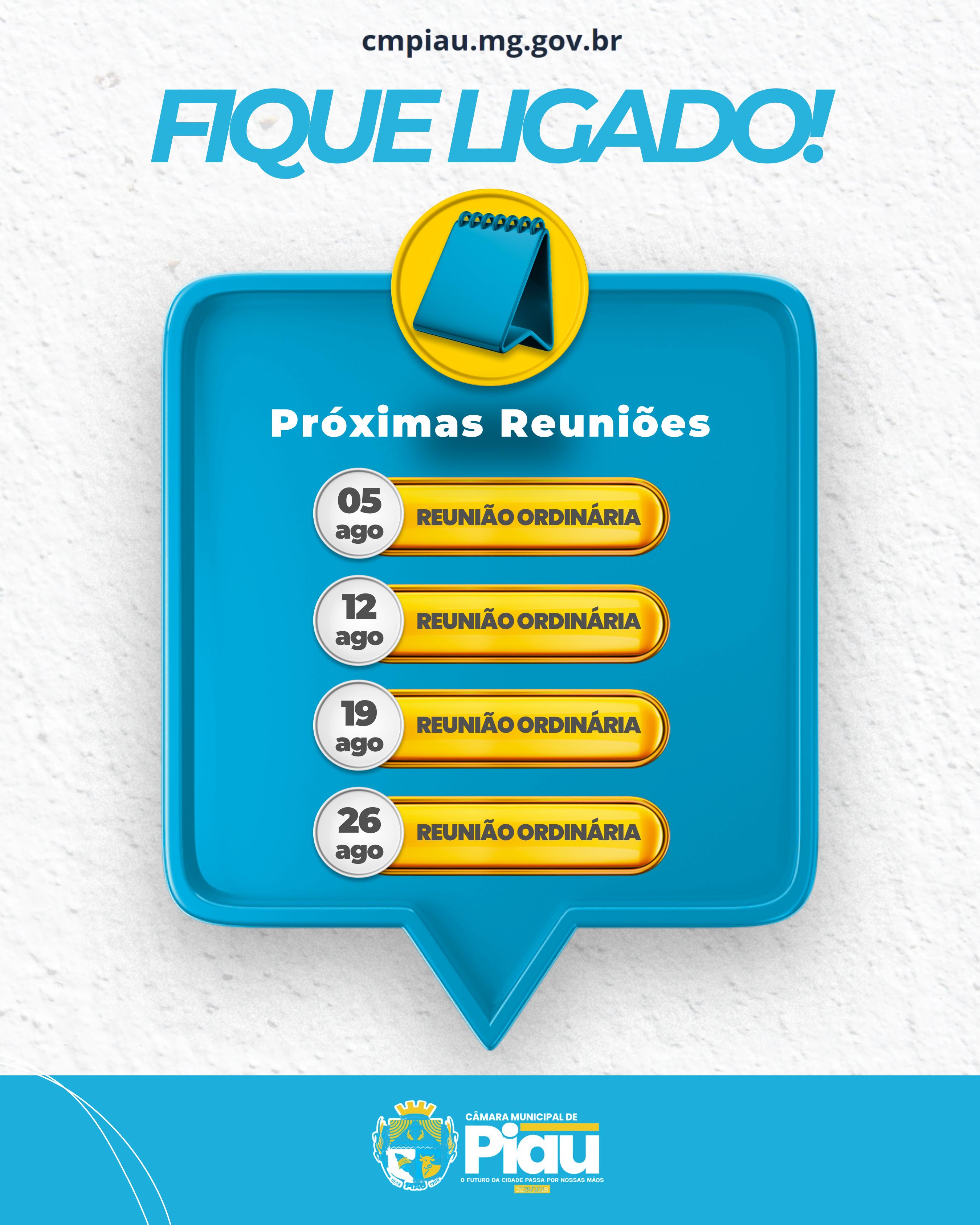 Fique ligado! As reuniões ordinárias da Câmara Municipal de Piau agora acontecem às terças-feiras, às 18h!