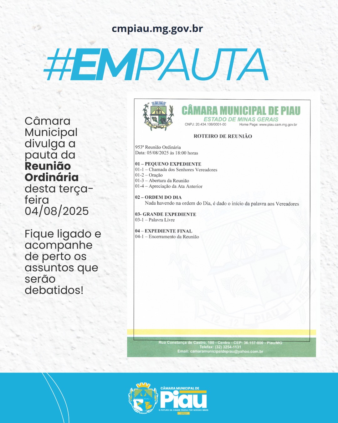 Câmara Municipal divulga a pauta da Reunião Ordinária  desta terça-feira 04/08/2025