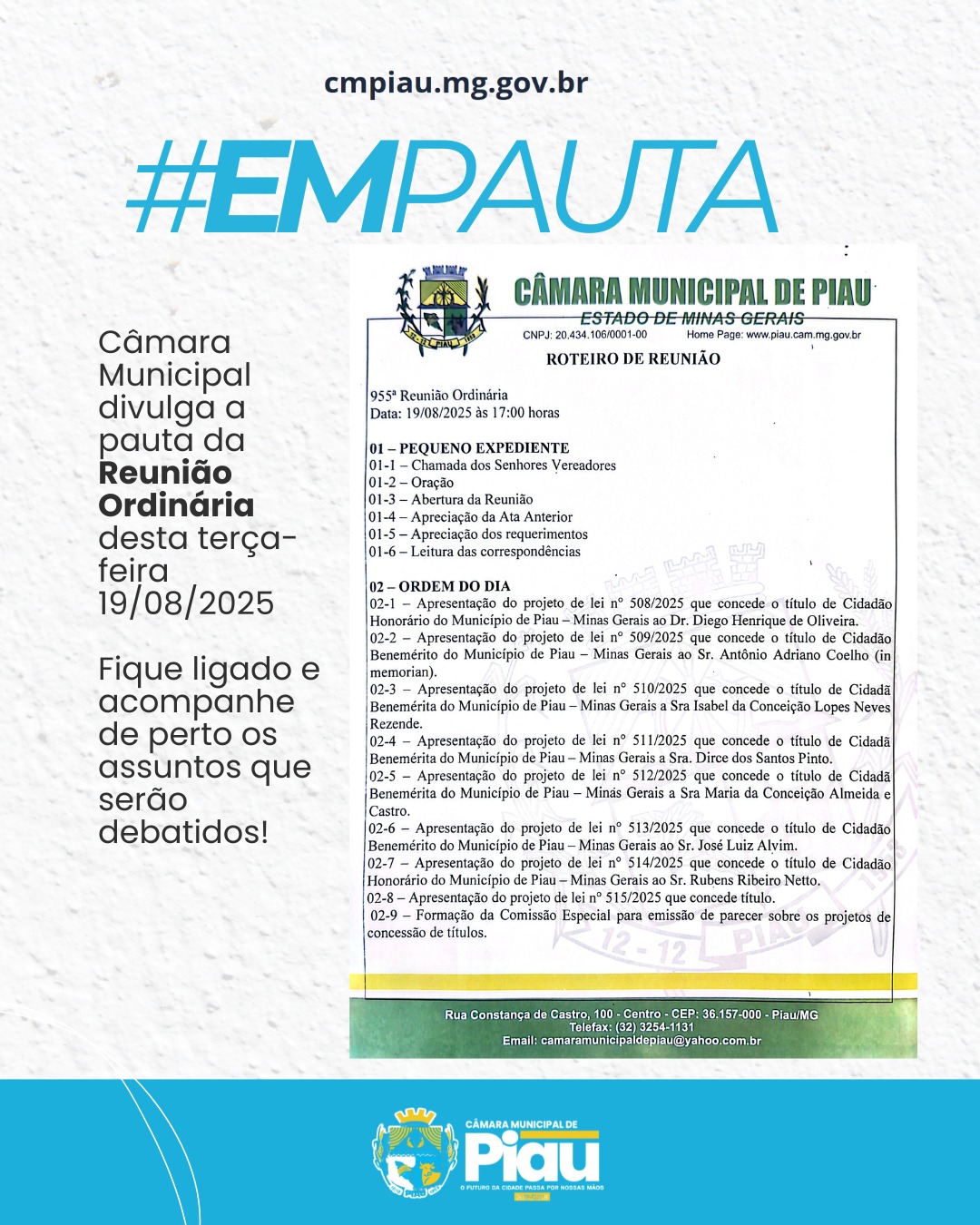 Câmara Municipal divulga a pauta da Reunião Ordinária  desta terça-feira 19/08/2025