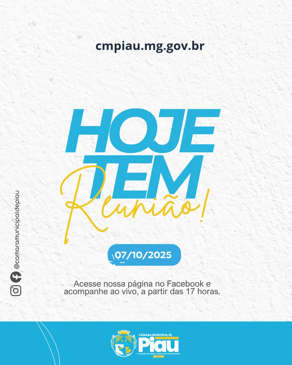 Hoje tem Reunião Ordinária na Câmara Municipal de Piau!