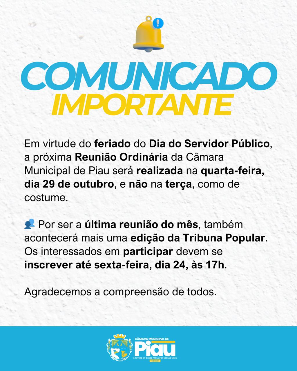 Atenção! Mudança na data da próxima reunião ordinária