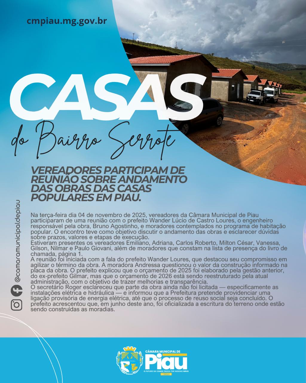 Vereadores participam de reunião sobre andamento das obras das casas populares em Piau