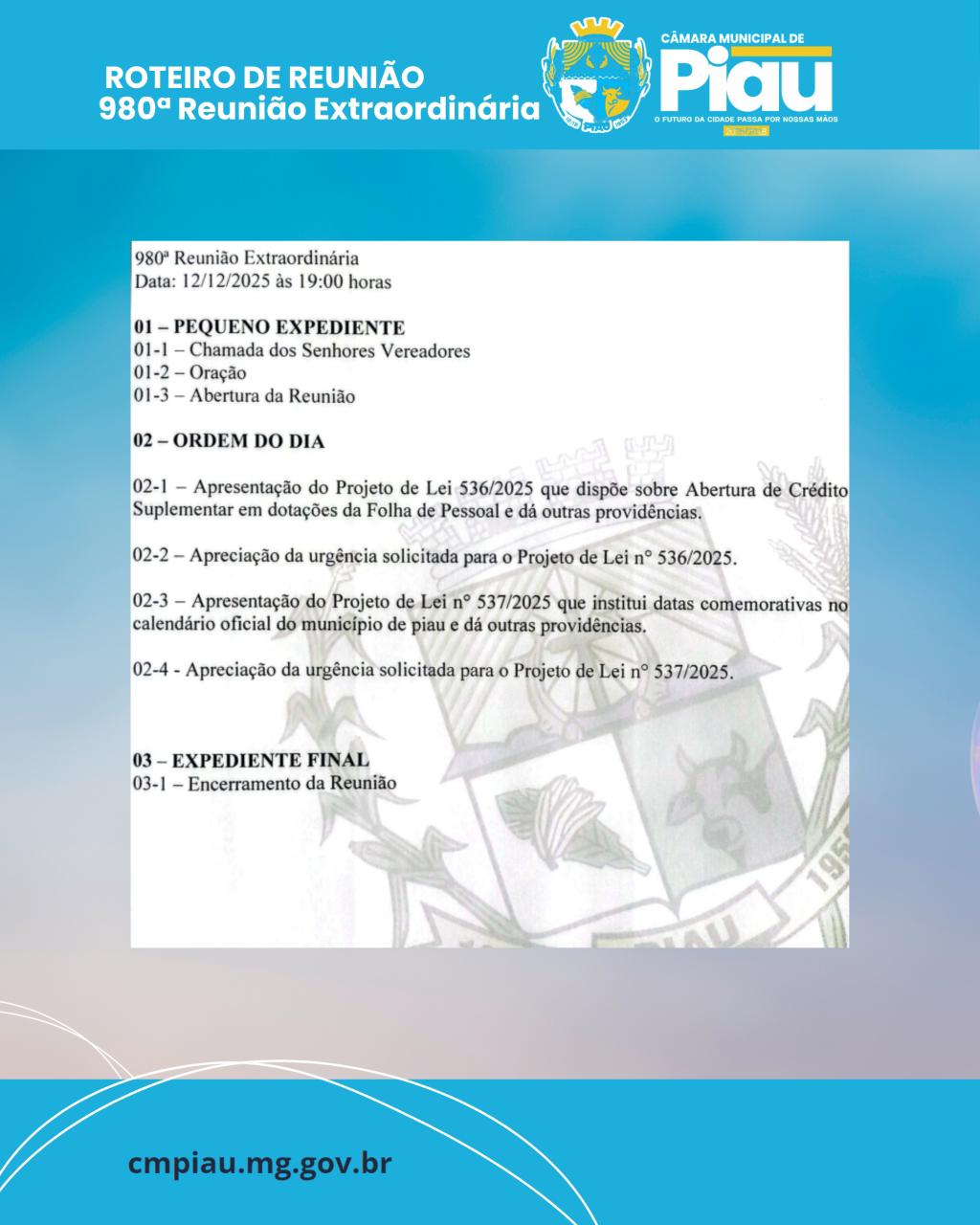 Câmara Municipal divulga a pauta da Reunião extraordinária  desta sexta-feira 12/12/2025